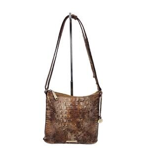 Brahmin Brown Katie Melbourne Croc Embossed Leather Zip Top Crossbody Bag